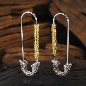 Vintage Sterling Silver Safety Pin Earrings Two Tone Antique